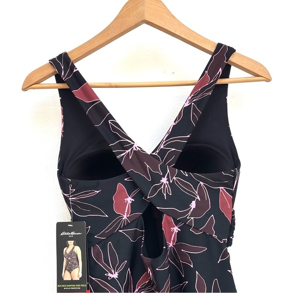 Eddie Bauer Ruched Shaping One Piece Swimsuit Bathing Suit Black Floral M NEW - Picture 5 of 14